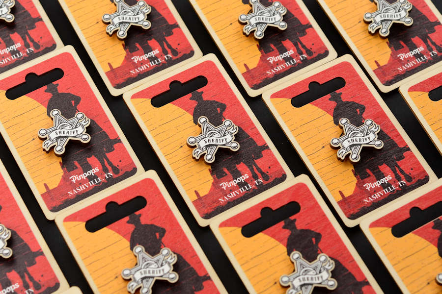 Wooden lapel pins with wooden backer card, Nashville, Tennessee